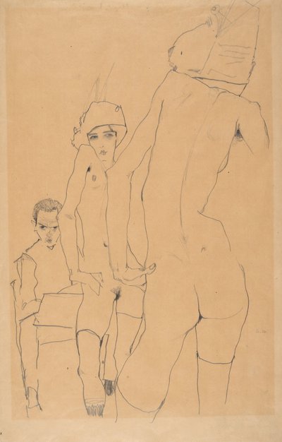 Schiele with Nude Model Before the Mirror, 1910 by Egon Schiele